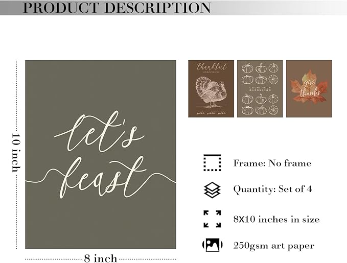 JXREQ Thankful Turkey Pumpkin Wall Decor Maple Leaves Posters, Let's Feast Thanksgiving Harvest Wall Decor, Fall Wall Art Prints for Kitchen Bedroom Living Room Office 4Pcs, 8x10 Inch Unframed