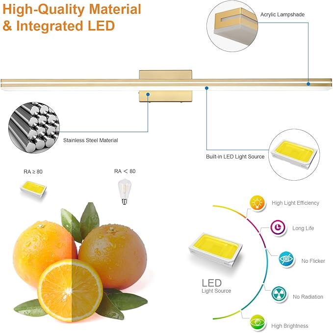 SineRise LED Modern Bathroom Vanity Light Fixtures (48-Inch, 3000K/4000K/6000K, Dimmable), Gold Modern Acrylic Bathroom Wall Lighting Fixtures Over Mirror