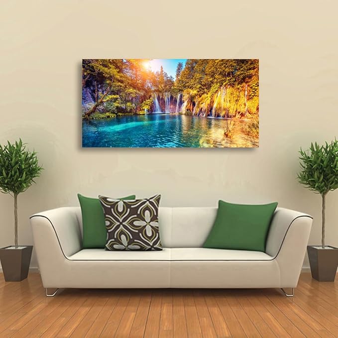 Lake Water Pictures Canvas Wall Art for Living room Bedroom Wall Decor,Waterfall Wall Art Print Paitnings for home Decor,Morden Artwork Sunset Tree Canvas Art Waterproof Stretched Ready to