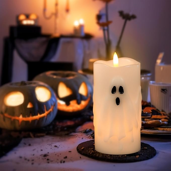 Eldnacele Halloween Flameless Candles with Remote and Timer, Battery Operated Hand Painted Ghost 3D Wick Flickering Real Wax White LED Pillar Candles Spooky Ghost Face Halloween Decor(2pcs,D3×H6.5)