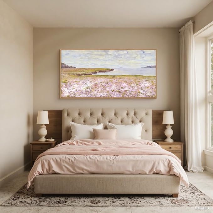 HOURIA Pink Wildflower Coastal Landscape Framed Canvas Wall Art Set,Green Meadow Field Wall Decor,Watercolor Beach Wall Painting,Modern Seaside Wall Decor for Living Room, Bedroom, Farmhouse-20"x40"x1