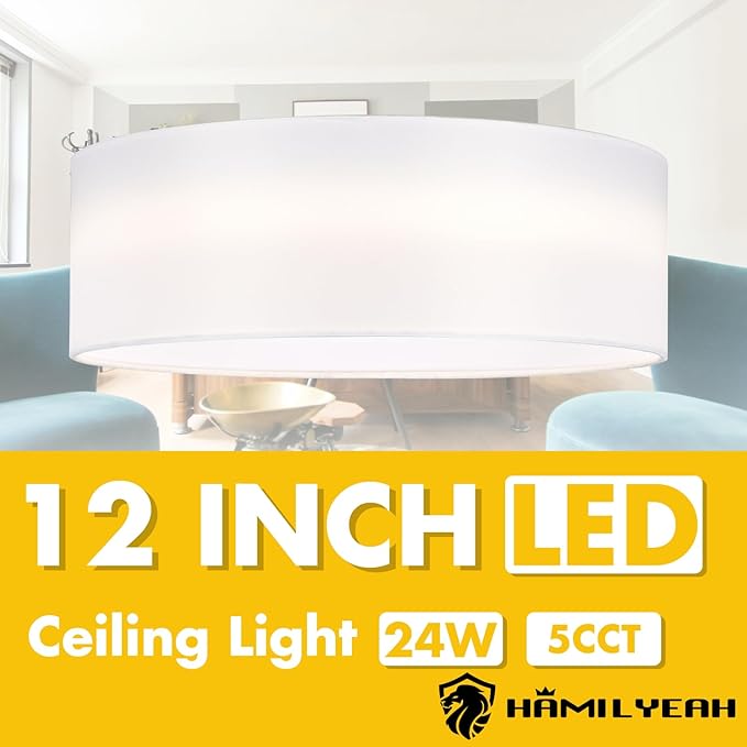 Hamilyeah Flush Mount Ceiling Light Set of 2, Drum Ceiling Light Fixtures with White Fabric Shade, 24W LED Light Fixtures Ceiling Mount 5CCT, Dimmable Close to Ceiling Light Fixtures for Bedroom