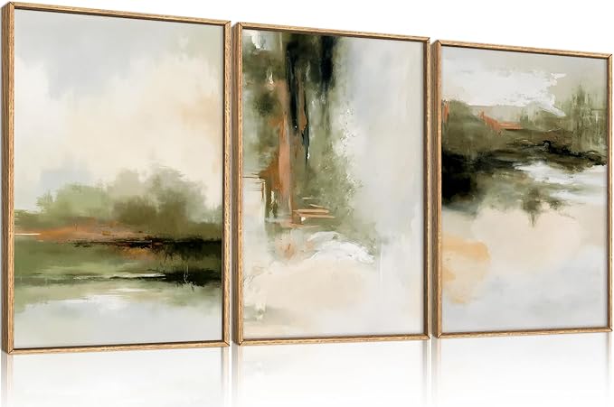 KAIRNE 3Pc Green Abstract Neutral Framed Canvas Wall Art Set, Modern Watercolor Shapes Wall Decor, Minimalist Pastel Wall Painting, Brown, Gray Tan for Living Room, Bedroom, Office 16x24 Inch