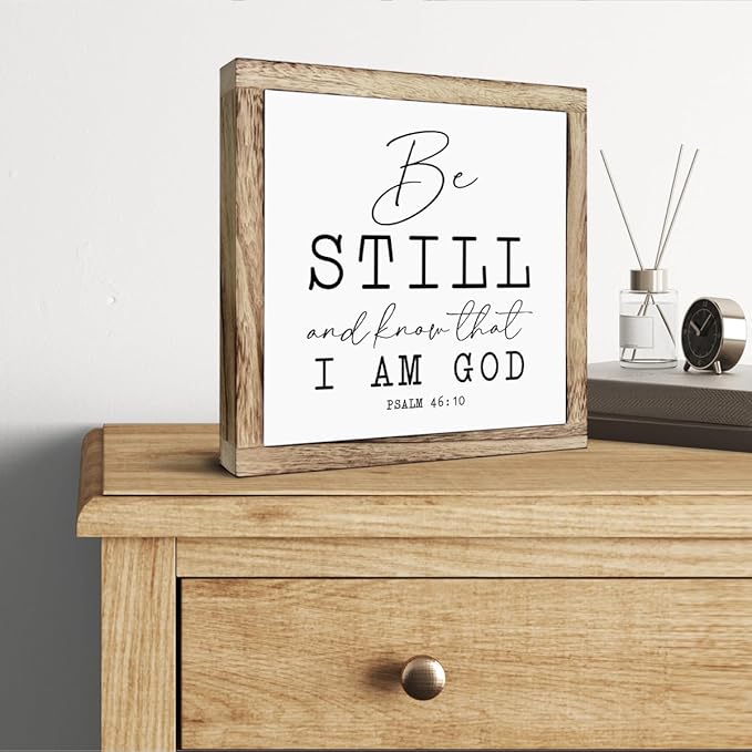 SUSZDOU Scripture Sign, Inspirational Wood Sign, Be Still and Know that I am God Sign, Wooden Plaques Box Signs, Psalm 46:10 Sign, Housewarming Decor, Religious Artwork for Home Decor, Tabletop Decor