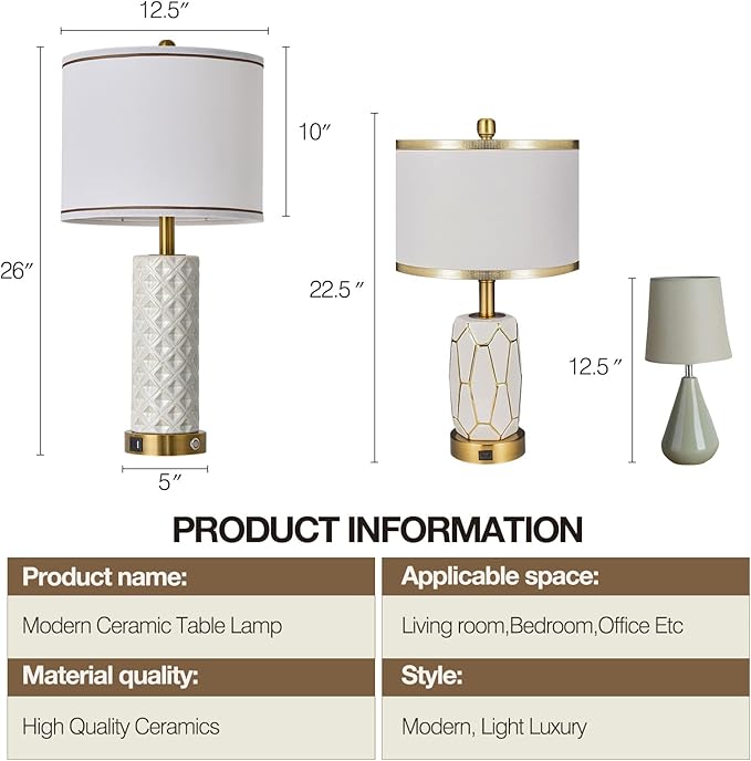 Set of 2 Table Lamp for Living Room Bedroom Farmhouse,26'' Touch Control Bedroom Ceramic Lamps 3-Way Dimmable Bedside Lamps with USB A+C Ports Linen Shade for Home(2 Bulbs Included)