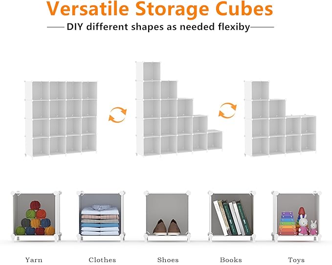 AWTATOS Cube Storage Organizer, 16 Cube Closet Organizer, Stackable Storage Cube Shelves, DIY Portable Closet Clothes Organizer Shelving for Bedroom, Closet, Wardrobe, Bathroom, White