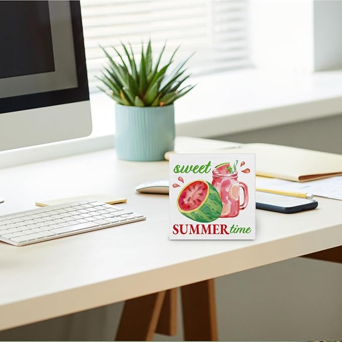 Summer Decor - Watermelon Decorations Sweet Summer Time Wooden Sign Home Kitchen Shelf Desk Decor 5 X 5 Inches