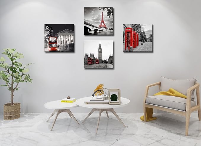 Black and White City Landscape Wall Art for Bedroom Red Street Scenery Canvas Decor for Bathroom Paris Eiffel Tower Pictures Prints London Big Ben Artwork Poster for Living Room Office Decoration