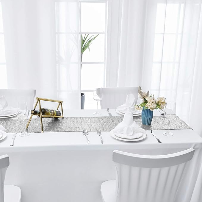 6 Packs 12 x 108 inches Silver Sequin Table Runner, Glitter Silver Table Runner for Wedding Birthday Bachelorette Holiday Party Supplies Decorations Bridal Shower Baby Shower