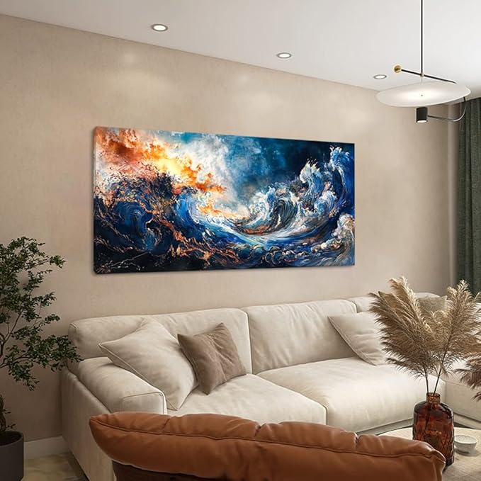 ZESTFLICKR Wall Art of Ocean Wave Abstract Canvas Blue Print Modern Artwork Pictures Magnificent for Living Room Bedroom Home Office Kitchen Decor (28x58 inches)