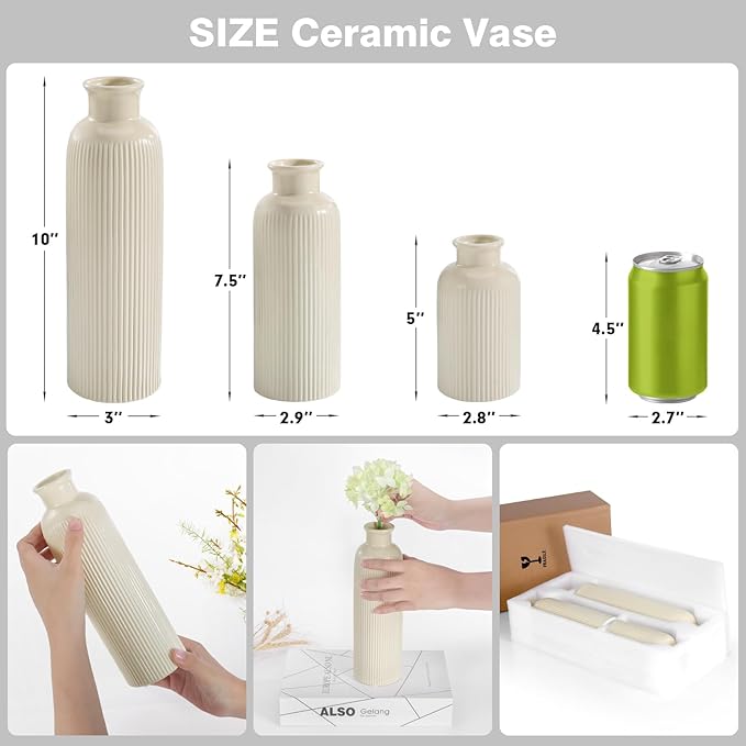 Small Beige Ceramic Vase Set of 3, Boho Modern Beige Flower Vase Room Decor, Farmhouse Decor, Vases for Your Kitchen, Bathroom, Bedroom, Living Room, Office&Shelf Centerpiece Table Decorations