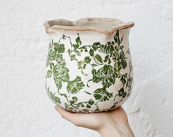 Ceramic Pots for Plants, Vintage Plant Pots with Drainage Hole, 6.11in. Planter for Indoor Plants, Crackle Glaze Finish Flower Pot, Perfect Tuscan Ceramic Planter for Gardening, Green