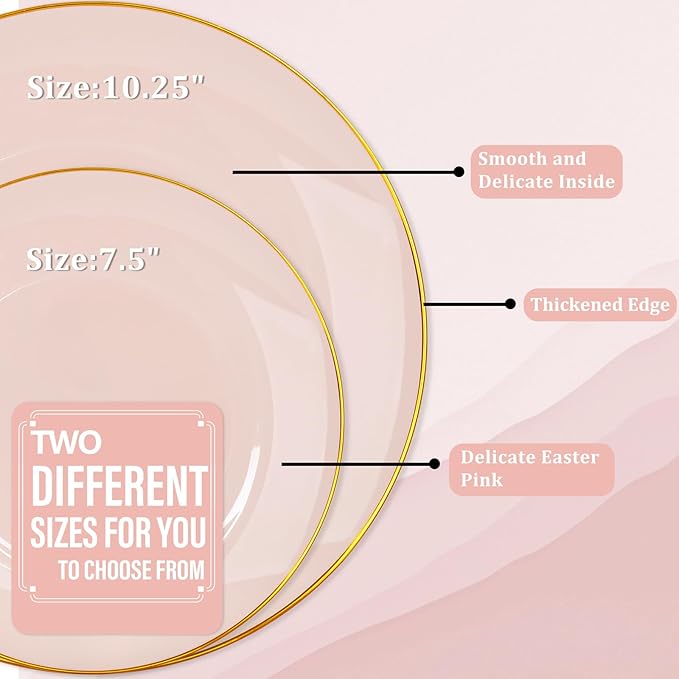 Nervure 100PCS Pink and Gold Plastic Plates - 10.25 inch Pink Disposable Plates with Gold Rim - Party Plate - Dinner Plate Ideal for Wedding & Party