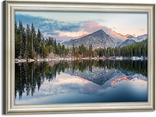 Framed Lake Canvas Wall Art: Mountain Range Skyline Scenery Painting Nature Landscape Artwork for Living Room