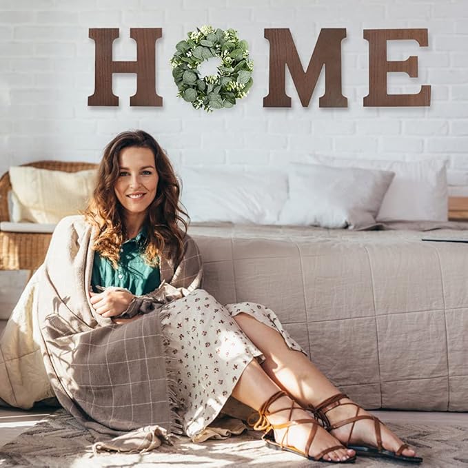 Wooden Home Sign Wall Hanging Decor - Wood Home Letters for Wall Art with Artificial Eucalyptus Wreath Rustic Home Decor Farmhouse, Wall Decor for Living Room Kitchen Housewarming Gift (Brown)