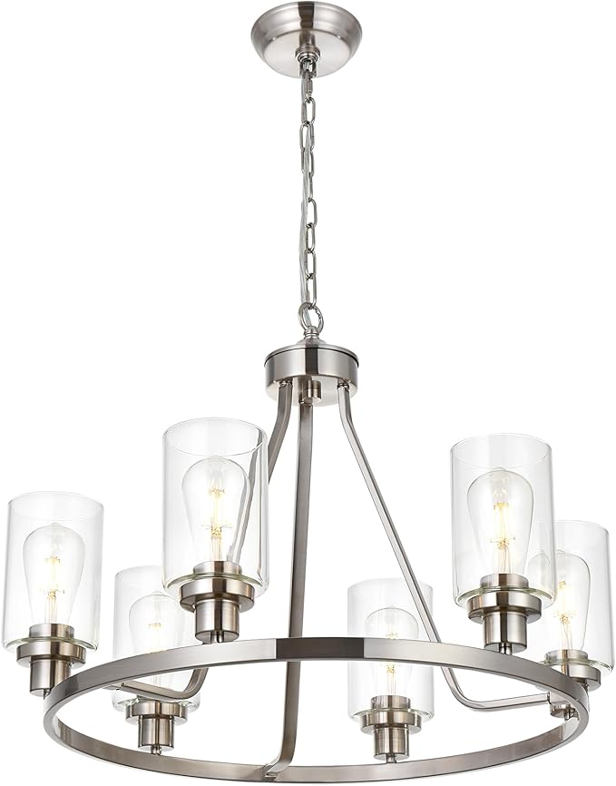 MELUCEE 6 Lights Round Chandelier Brushed Nickel Island Lighting Dining Room Lighting Fixtures Hanging Glass Pendant Light for Kitchen Living Room Bedroom
