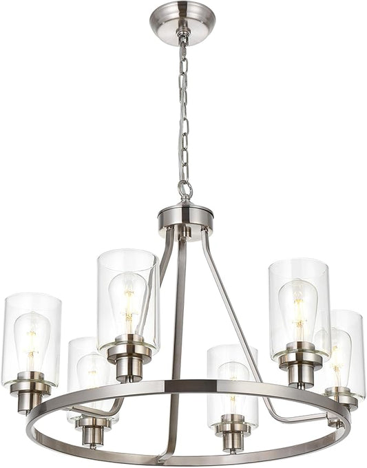 MELUCEE 6 Lights Round Chandelier Brushed Nickel Island Lighting Dining Room Lighting Fixtures Hanging Glass Pendant Light for Kitchen Living Room Bedroom