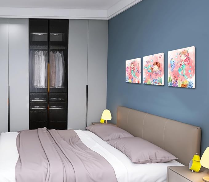 Mermaid Wall Art,Mermaid Pictures Wall Decor,Pink Ocean Canvas Prints Painting,Cute Watercolor Framed Artwork for Bathroom Girls Bedroom Living Room Home Decoration Set of 4(8"X10")