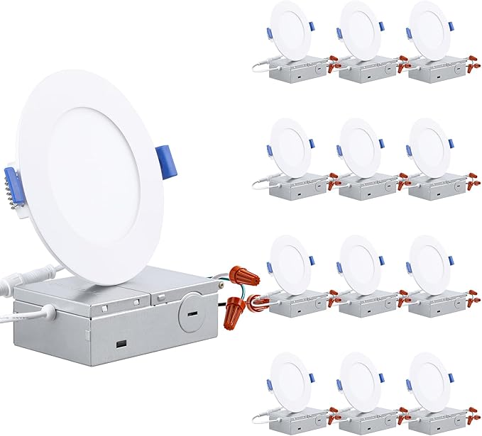 TORCHSTAR Basic Series 12-Pack 4 Inch Ultra-Thin LED Recessed Lighting with Junction Box, CRI90, Aluminum, 4000K Cool White, 5%-100% Dimmable Slim Recessed Downlight, 9W 810LM, ETL and Energy Star