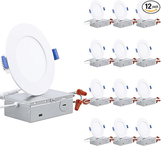 TORCHSTAR Basic Series 12-Pack 4 Inch Ultra-Thin LED Recessed Lighting with Junction Box, CRI90, Aluminum, 5000K Daylight, 5%-100% Dimmable Slim Recessed Downlight, 9W 810LM, ETL and Energy Star