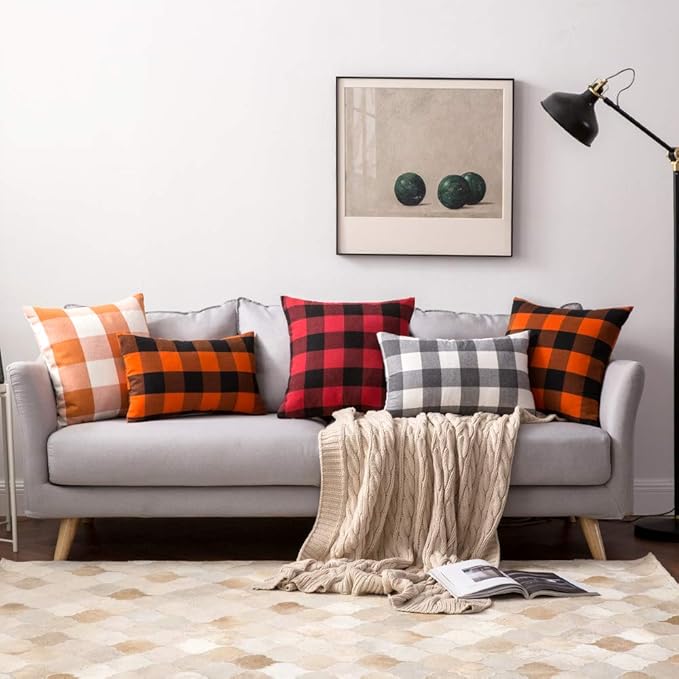 MIULEE Pack of 2 Classic Farmhouse Buffalo Check Plaids Polyester Linen Soft Soild Decorative Square Throw Pillow Covers Home Decor Cushion Case for Sofa Bedroom 18x18 Inch, Black and Red