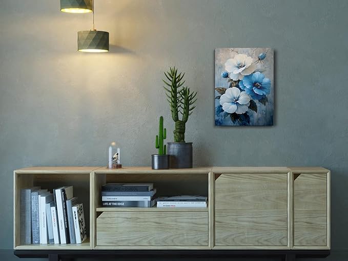 Blue and White Floral Picture Wall Decor Framed Botanical Plant Rustic Flower Canvas Wall Art Modern Pop Prints Poster Western Country Farmhouse Painting for Bathroom Living Room Bedroom (12"x16")