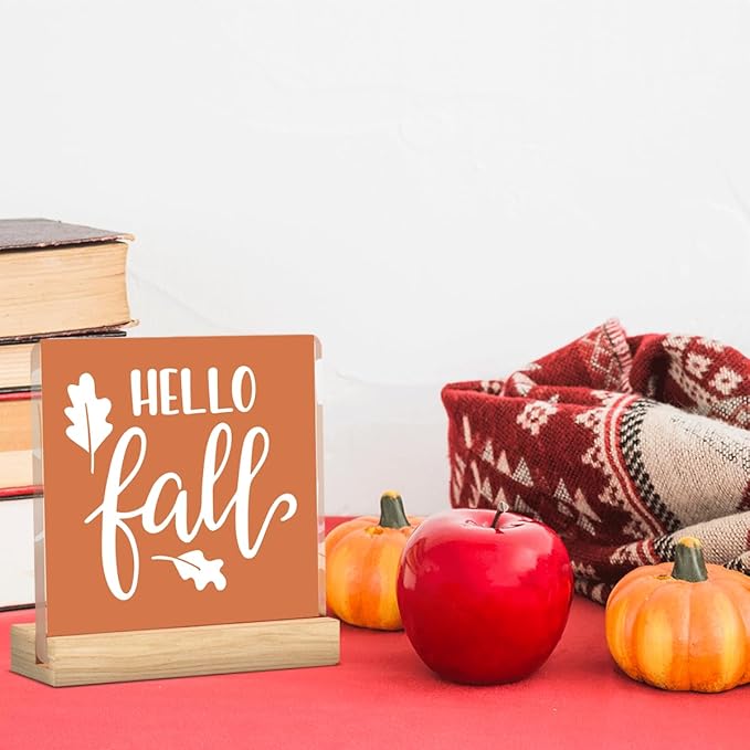 Hello Fall Decor Rustic Fall Decorations for Home Office Cute Autumn Thanksgiving Decor Farmhouse Harvest Acrylic Decorations for Bedroom Table 5 x 5 inches (Acrylic 1705)