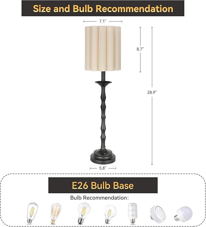 Vintage Black 28.9'' Tall Scalloped Table Lamp Pack of 2, Rustic/Farmhouse Buffet Lamp, Bamboo Lamp Joint Base, for Living Room Bedside Side Table