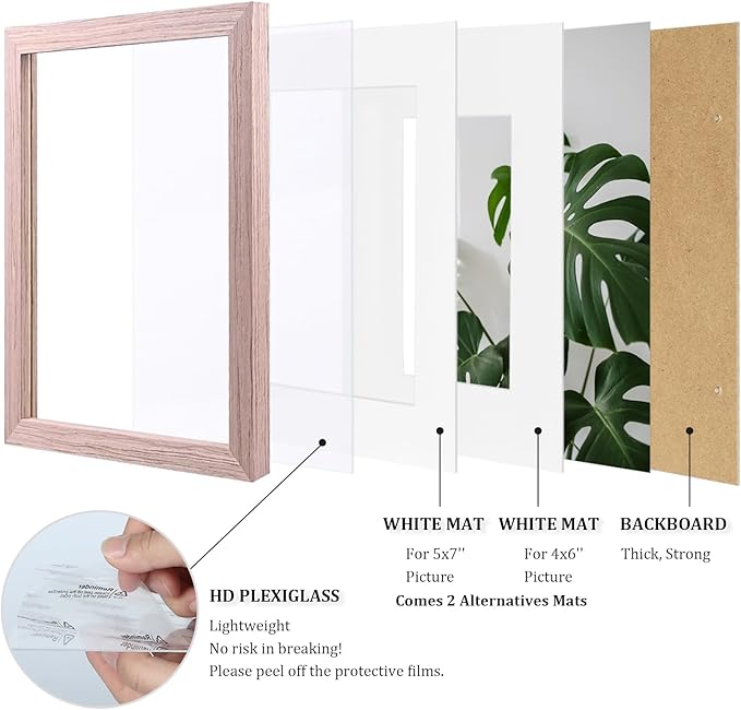 Egofine 8x10 Picture Frames Set of 4, Made of Solid Wood Covered by Plexiglass 4x6 and 5x7 with Mat or 8x10 without Mat, for Table Top Display and Wall Mounting Photo Frame Peach Pink