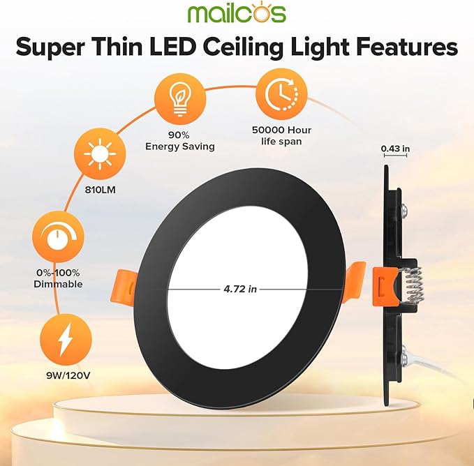 MAILCOS 12 Pack 4 Inch 5CCT Black Ultra-Thin LED Recessed Ceiling Light with Junction Box, 2700K-5000K Selectable, 810LM High Brightness, Dimmable Canless Wafer Downlight, 9W 120V, ETL