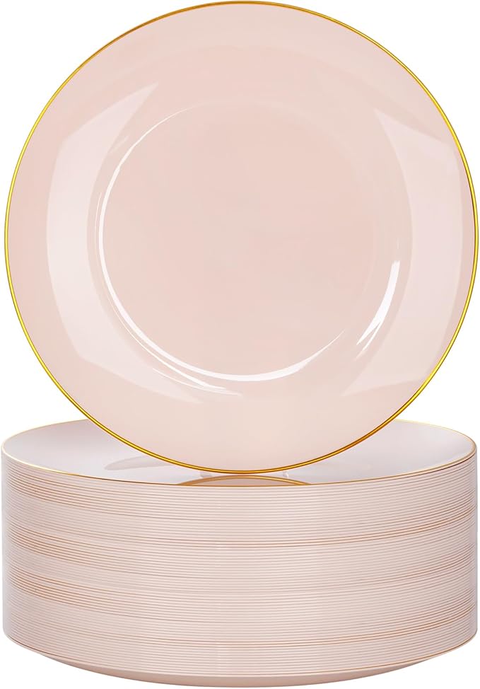 Nervure 100PCS Pink and Gold Plastic Plates - 10.25 inch Pink Disposable Plates with Gold Rim - Party Plate - Dinner Plate Ideal for Wedding & Party