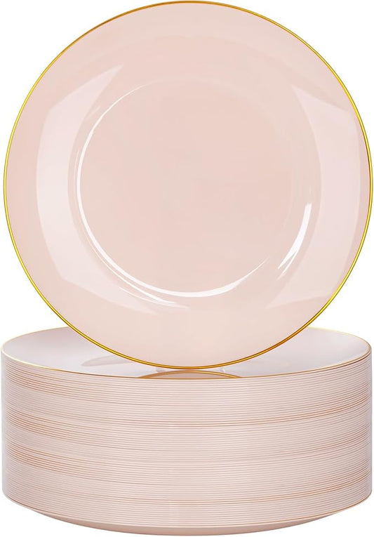 Nervure 100PCS Pink and Gold Plastic Plates - 10.25 inch Pink Disposable Plates with Gold Rim - Party Plate - Dinner Plate Ideal for Wedding & Party