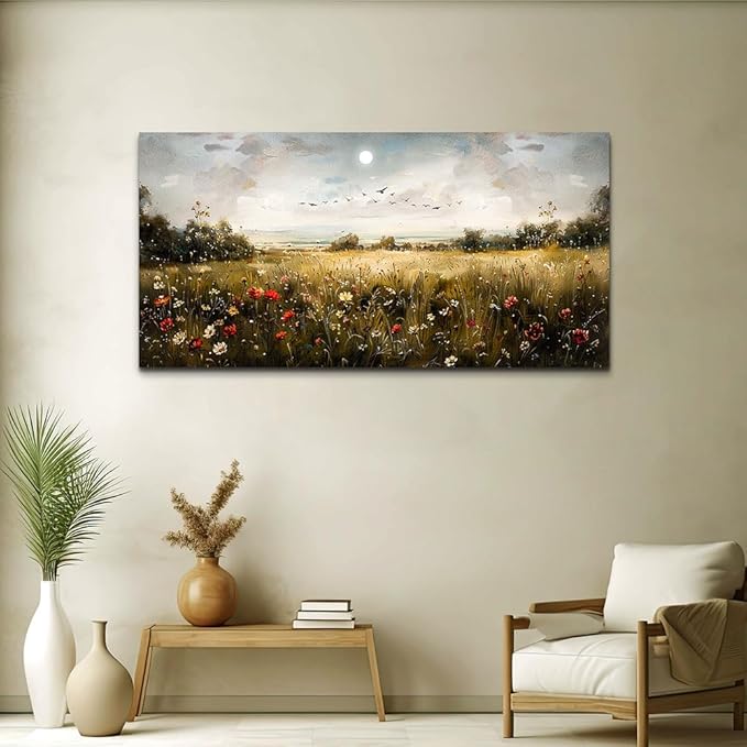 Wapluam Large Canvas Wall Art Living Room Wall Decor for Bedroom Wildflower Field Vintage Wall Art Canvas Prints Paintings Farmhouse Artworks Pictures Modern Aesthetic Home Decoration Ready To Hang