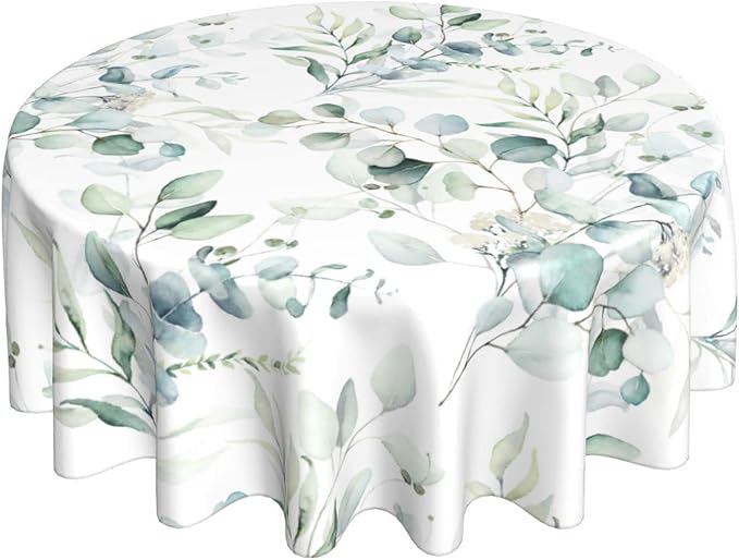 Kawani Spring Summer Leaf Floral Sage Green Tablecloth Round 60 Inch Ruitic Watercolor Table Cloth Waterproof Fabric Farmhouse Green Grey Leaves Tablecloths Decorative for Holiday Home Party