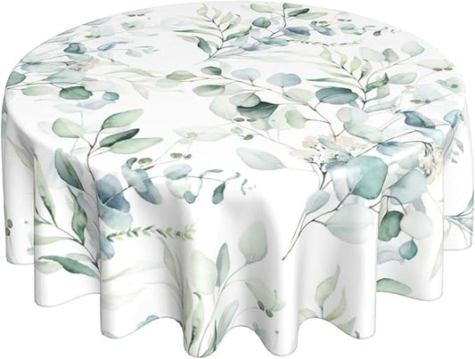 Kawani Spring Summer Leaf Floral Sage Green Tablecloth Round 60 Inch Ruitic Watercolor Table Cloth Waterproof Fabric Farmhouse Green Grey Leaves Tablecloths Decorative for Holiday Home Party
