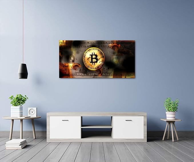 Modern Inspirational Framed Posters Bitcoin and Dollars USD Money Wall Art Creative Wall Picture Burning Bitcoin and Bill Artwork for Living Room Bedroom Classroom Decor Framed Ready to Hang-32"Wx16"H
