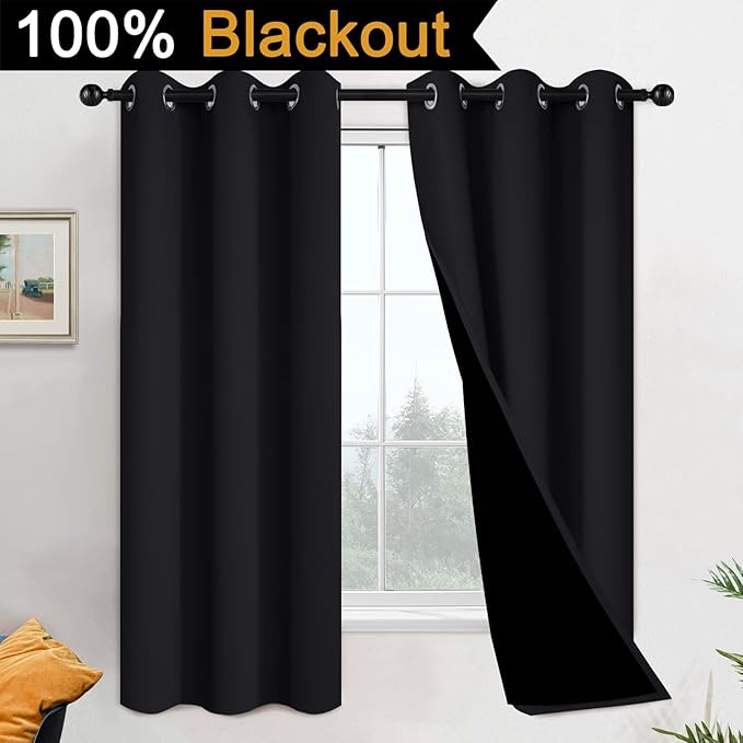 Yakamok 100% Blackout Lined Pair Curtains for Bedroom, Window Treatment Thermal Insulated Noise Blocking Drapes for Living Room(42Wx63L,Black, 2 Panels)