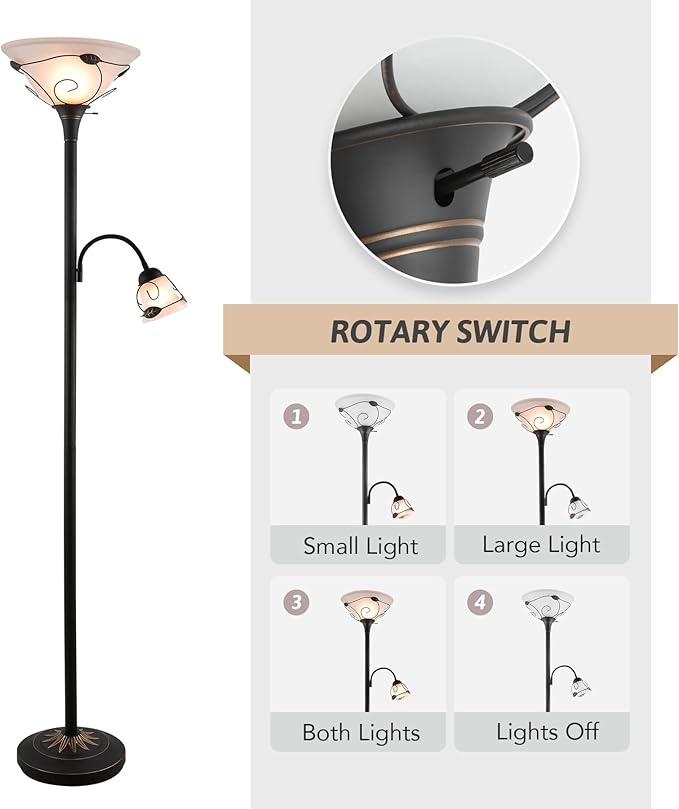 VONLUCE Torchiere Floor Lamp with Side Reading Light, 3-Way Switch Combo Antique Bronze Mother Daughter Floor Lamp with Glass Shade, 71" Desk Floor Lamp for Living Room Corner Bedroom Home Office