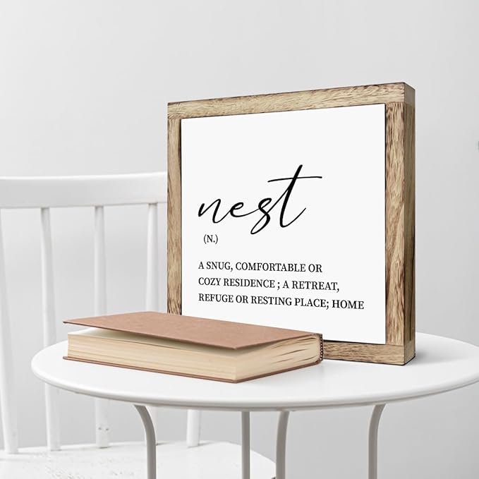 Farmhouse Home Decor, Home Sign, Living Room Decor for Shelf, Tabletop Decoration, Front Door Decoration for Porch, Housewarming Gift, Nest Definition Signs, Wooden Plaques Box Signs, 9.8 * 9.8 Inch