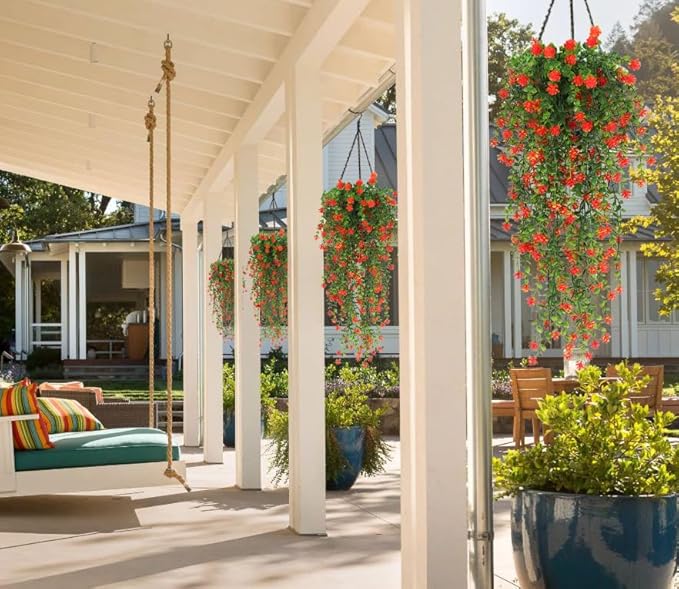 SJL Fall Artificial Hanging Plant Fall Faux Eucalyptus Leaf Fake Hanging Vines UV Resistant Fake Mums for Outdoors Faux Autumn Plants for Home Indoor Outdoor Thanksgiving Decor (Orange)