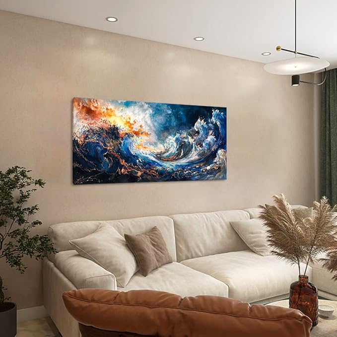 ZESTFLICKR Wall Art of Ocean Wave Abstract Canvas Blue Print Modern Artwork Pictures Magnificent for Living Room Bedroom Home Office Kitchen Decor (20x40 inches)