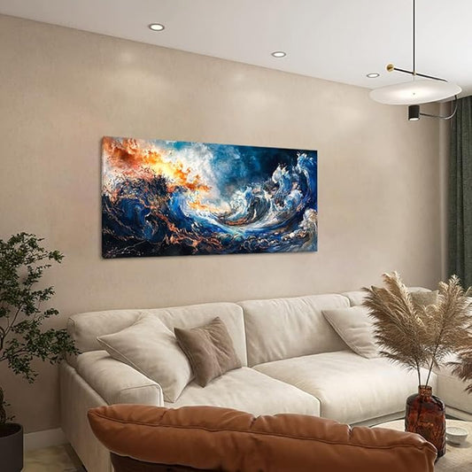 ZESTFLICKR Wall Art of Ocean Wave Abstract Canvas Blue Print Modern Artwork Pictures Magnificent for Living Room Bedroom Home Office Kitchen Decor (20x40 inches)