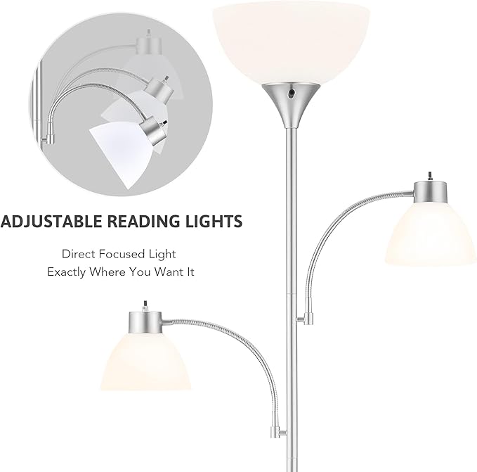 VONLUCE 71" Floor Lamp for Living Room with 3 Bulbs, Standing Lamp with Adjustable Reading Light, Modern Torchiere Floor Lamp with 3 Color Temperatures, Tall Lamp for Bedroom Corner, Nickel