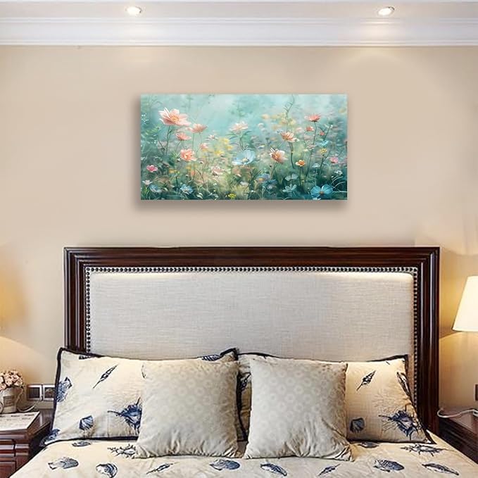 Tucai Decor Floral Canvas Wall Art Colorful Wildflowers Field Painting 30W x 58L inches Pink Blue and Yellow -Flowered Plants Art Prints Wall Decor for Living Room Bedroom Office Ready to Hang