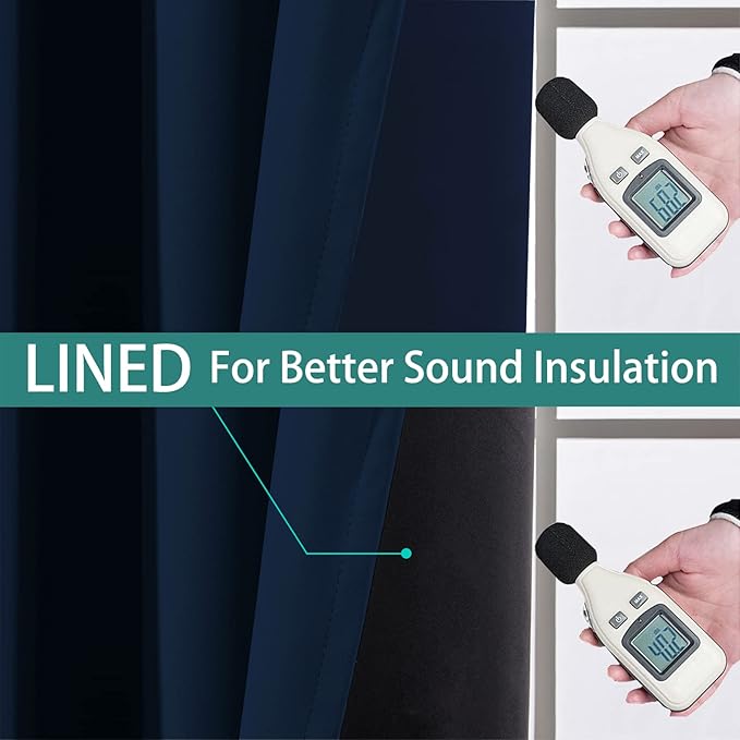 Yakamok Navy Blue 100% Blackout Curtains Energy Saving Thermal Insulated 2 Thick Layers Completely Blackout Drapes with Black Liner for Bedroom (52Wx90L, Navy Blue, 2 Panels)