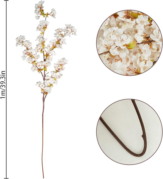 Uieke Silk Cherry Blossom Branches, 39.3in Artificial Cherry Blossom Tree Stems, Fake Plum Blossom Flowers Arrangement for Wedding Home Japanese Decor, Set of 3, White