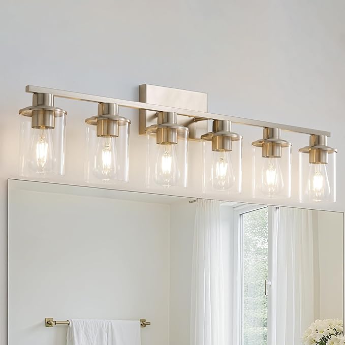 LOUSACE 6 Light Bathroom Vanity Light, Brushed Nickel Bathroom Light Fixtures, Modern Bathroom Lights over Mirror with Clear Glass Shade, Wall Vanity Lighting Fixtures for Bathroom Bedroom Living Room