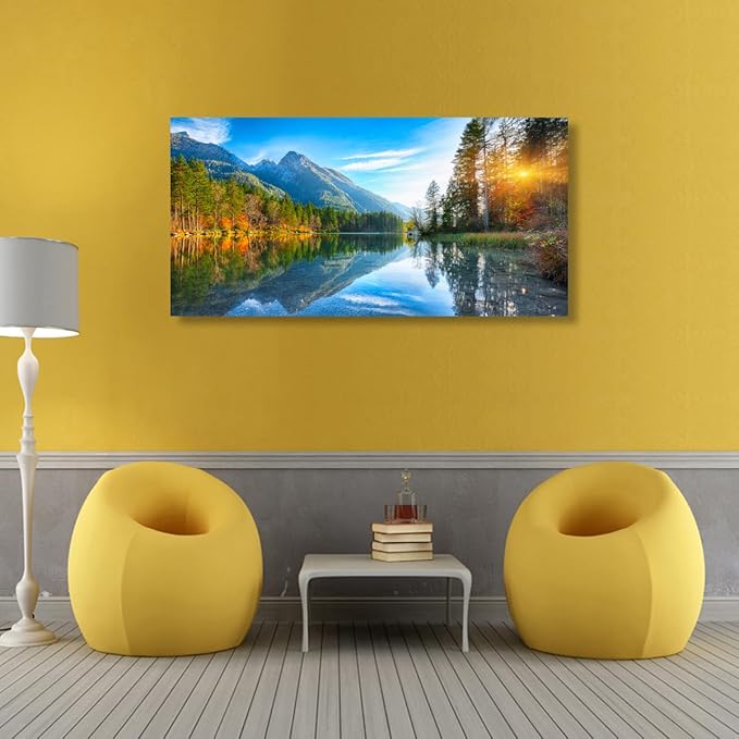 Landscape Canvas Wall Art for Living room Office Bedroom Sunshine Forest Scenery Wall Art Mountain Lake Pictures Art Print Paintings Modern Green Nature Wall Decor Artwork Waterproof -20 * 40inch