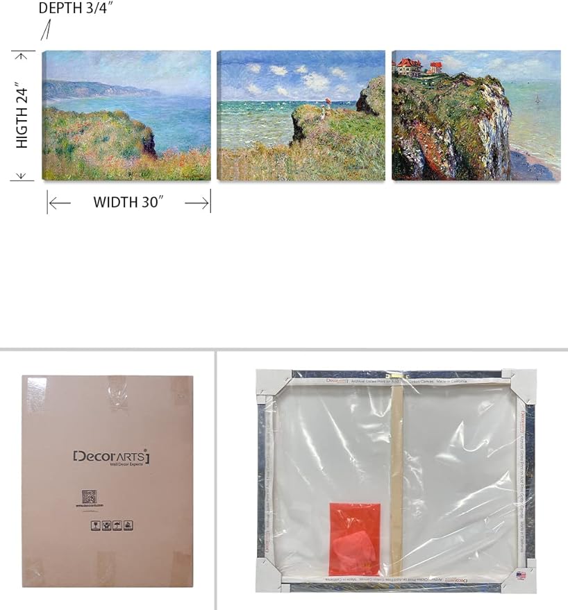 DECORARTS - The Cliff Walk Series(Triptych), Claude Monet Art Reproduction. Giclee Canvas Prints Wall Art for Home Decor 24x30, 3pcs/set