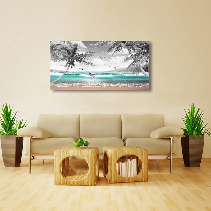 Beach Palm Pictures Canvas Wall Art For Living Room Bedroom Wall Decor,Sea Wave Wall Art Print Paitnings For Home Decor,Morden Artwork Coconut Tree Canvas Art Ready To Hang-20X40Inches